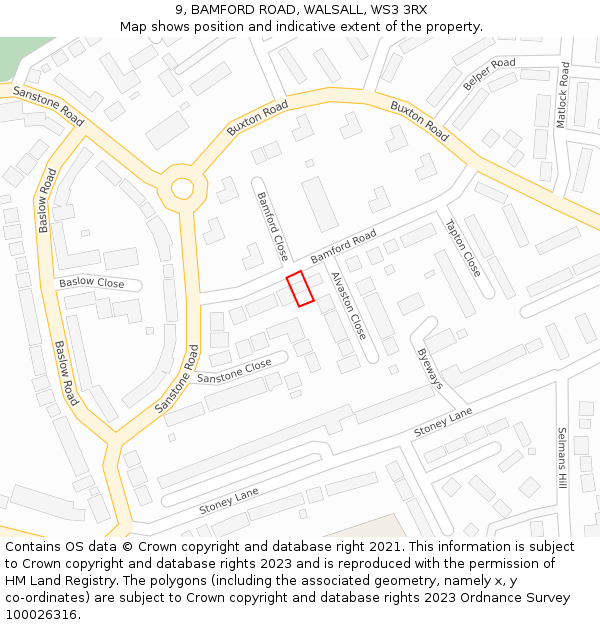 9, BAMFORD ROAD, WALSALL, WS3 3RX: Location map and indicative extent of plot
