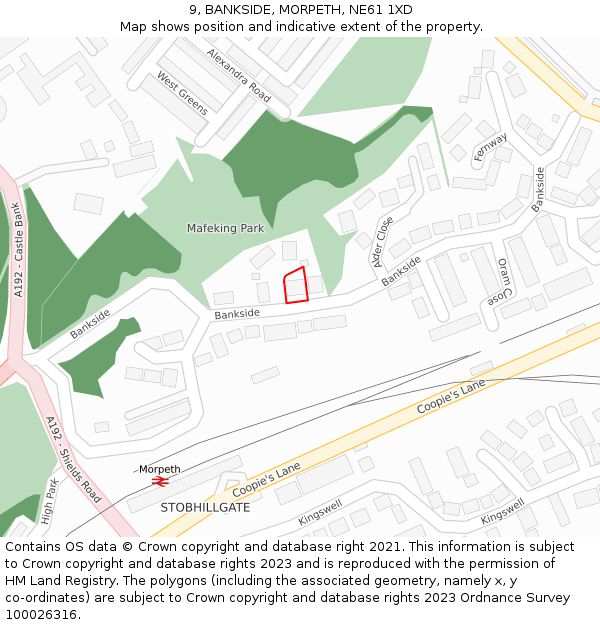 9, BANKSIDE, MORPETH, NE61 1XD: Location map and indicative extent of plot