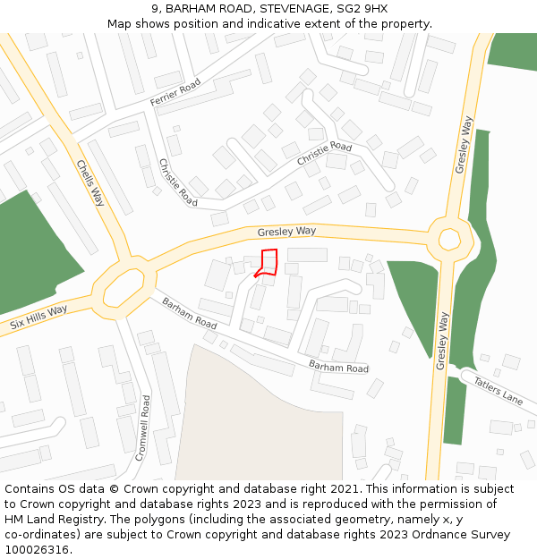 9, BARHAM ROAD, STEVENAGE, SG2 9HX: Location map and indicative extent of plot