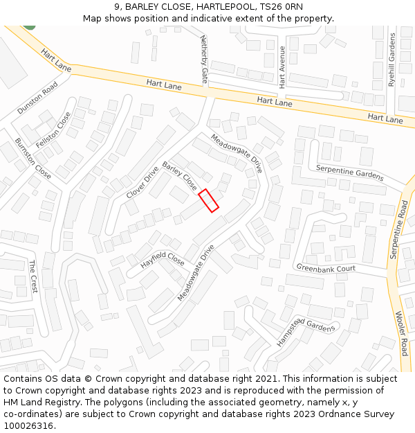 9, BARLEY CLOSE, HARTLEPOOL, TS26 0RN: Location map and indicative extent of plot