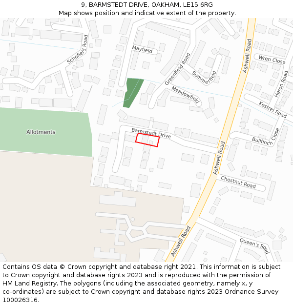 9, BARMSTEDT DRIVE, OAKHAM, LE15 6RG: Location map and indicative extent of plot