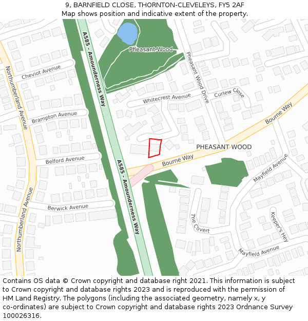 9, BARNFIELD CLOSE, THORNTON-CLEVELEYS, FY5 2AF: Location map and indicative extent of plot
