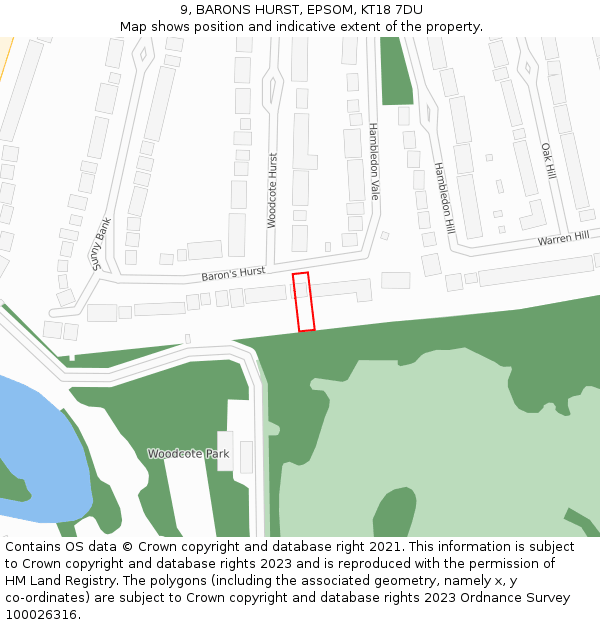 9, BARONS HURST, EPSOM, KT18 7DU: Location map and indicative extent of plot