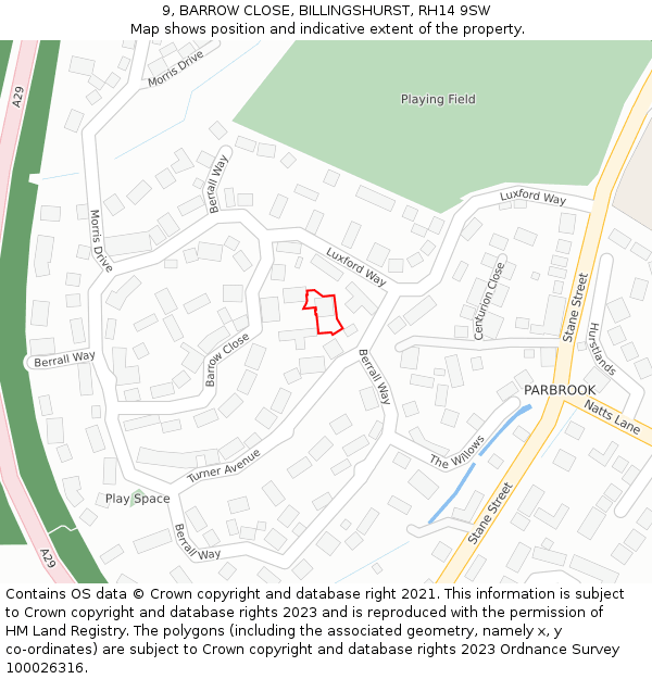 9, BARROW CLOSE, BILLINGSHURST, RH14 9SW: Location map and indicative extent of plot