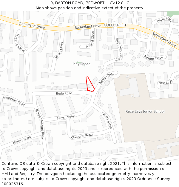 9, BARTON ROAD, BEDWORTH, CV12 8HG: Location map and indicative extent of plot