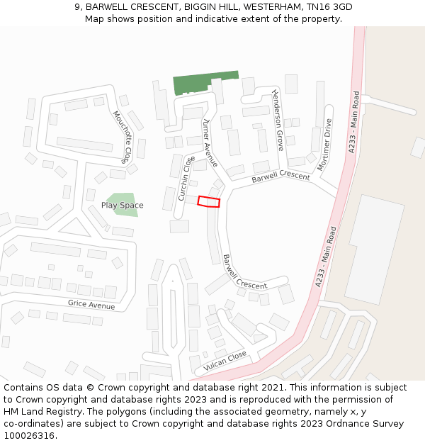 9, BARWELL CRESCENT, BIGGIN HILL, WESTERHAM, TN16 3GD: Location map and indicative extent of plot