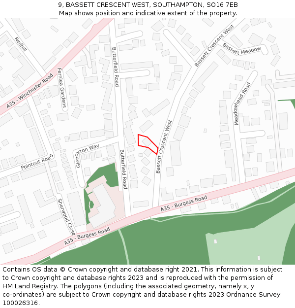 9, BASSETT CRESCENT WEST, SOUTHAMPTON, SO16 7EB: Location map and indicative extent of plot