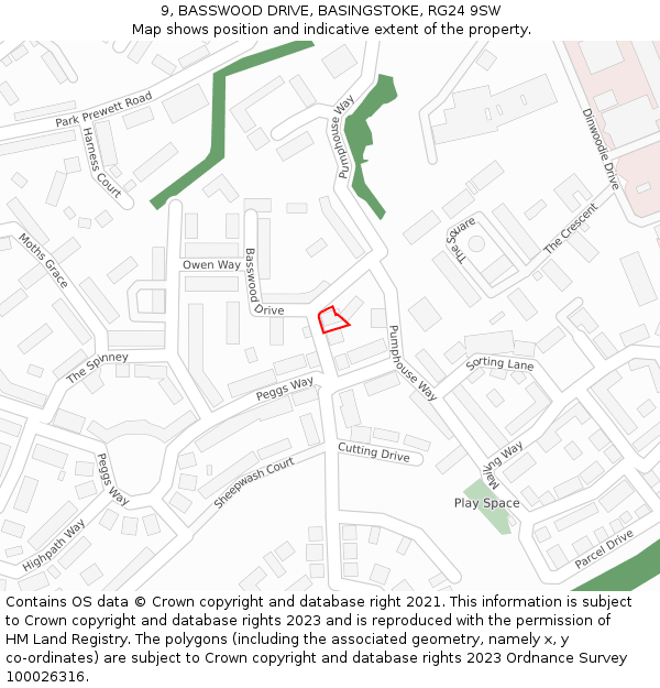 9, BASSWOOD DRIVE, BASINGSTOKE, RG24 9SW: Location map and indicative extent of plot