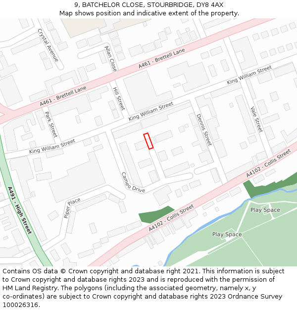 9, BATCHELOR CLOSE, STOURBRIDGE, DY8 4AX: Location map and indicative extent of plot