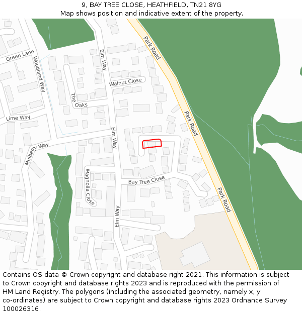 9, BAY TREE CLOSE, HEATHFIELD, TN21 8YG: Location map and indicative extent of plot