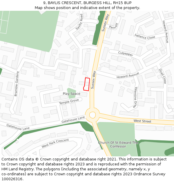 9, BAYLIS CRESCENT, BURGESS HILL, RH15 8UP: Location map and indicative extent of plot