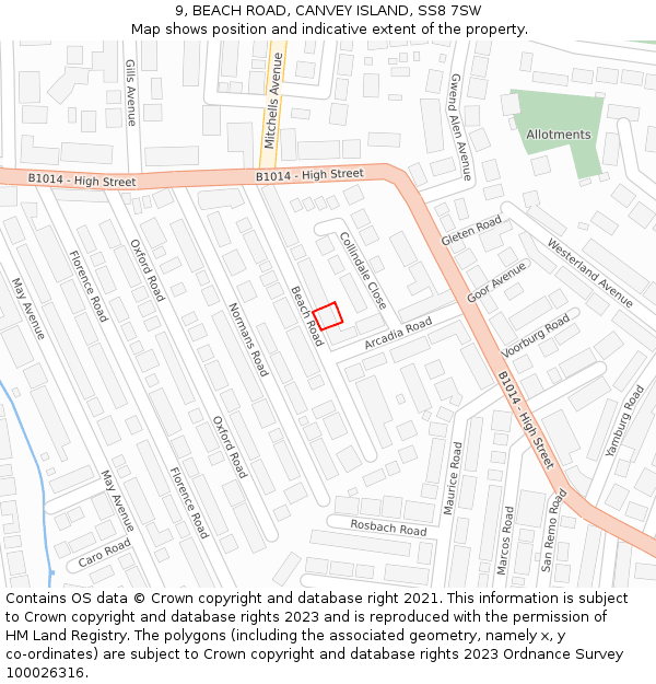 9, BEACH ROAD, CANVEY ISLAND, SS8 7SW: Location map and indicative extent of plot