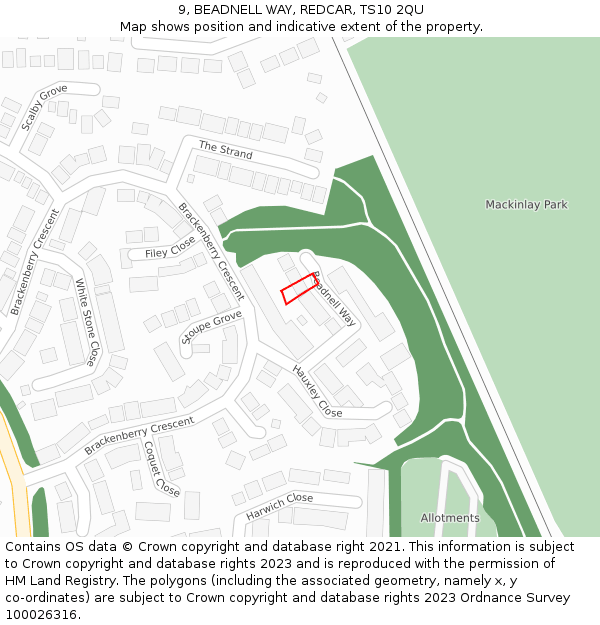 9, BEADNELL WAY, REDCAR, TS10 2QU: Location map and indicative extent of plot