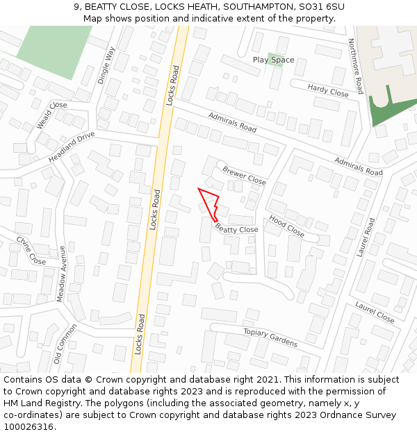 9, BEATTY CLOSE, LOCKS HEATH, SOUTHAMPTON, SO31 6SU: Location map and indicative extent of plot