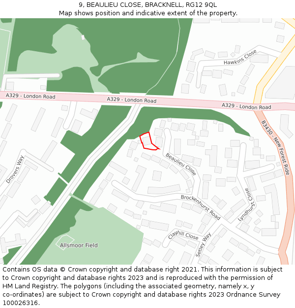 9, BEAULIEU CLOSE, BRACKNELL, RG12 9QL: Location map and indicative extent of plot