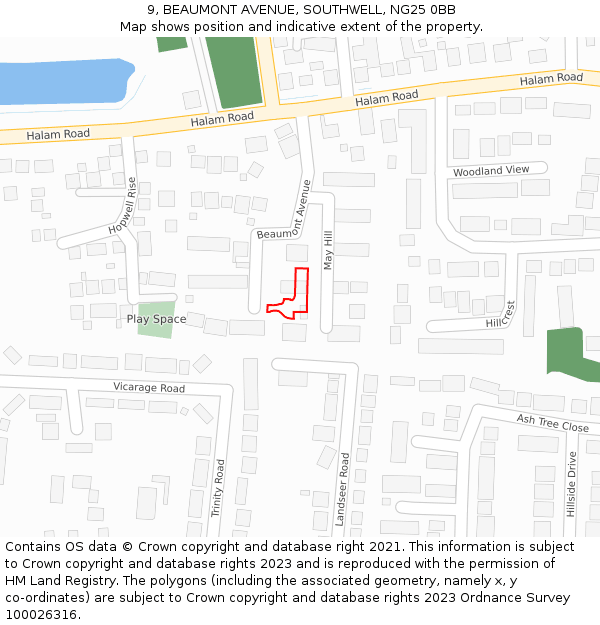 9, BEAUMONT AVENUE, SOUTHWELL, NG25 0BB: Location map and indicative extent of plot