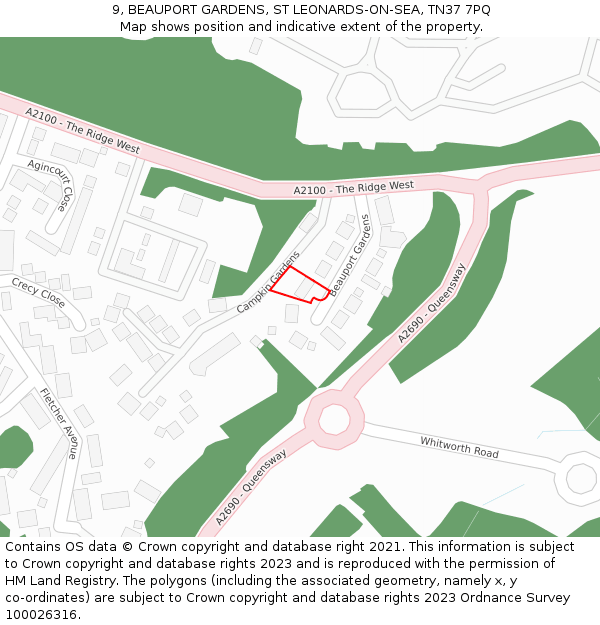 9, BEAUPORT GARDENS, ST LEONARDS-ON-SEA, TN37 7PQ: Location map and indicative extent of plot