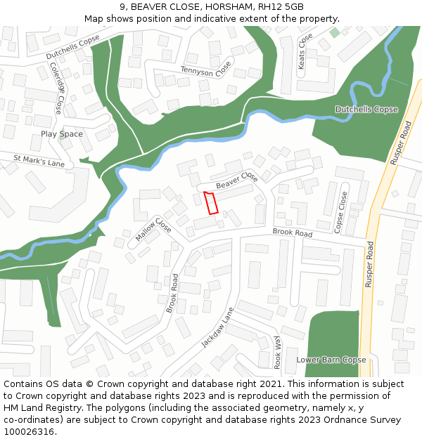 9, BEAVER CLOSE, HORSHAM, RH12 5GB: Location map and indicative extent of plot