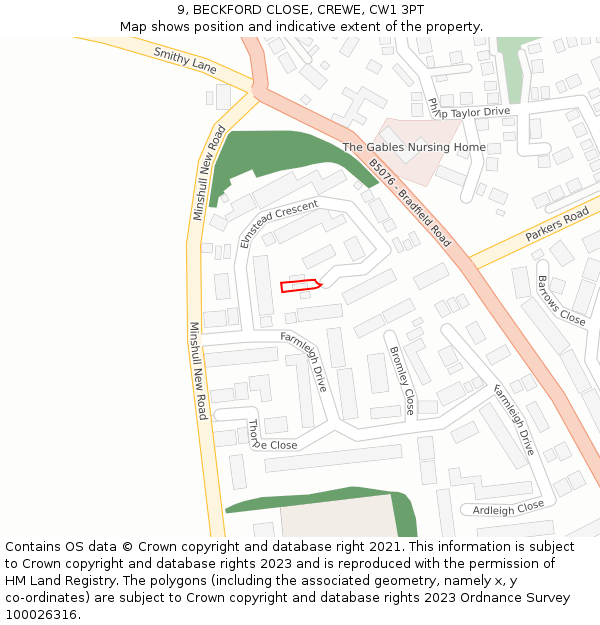 9, BECKFORD CLOSE, CREWE, CW1 3PT: Location map and indicative extent of plot