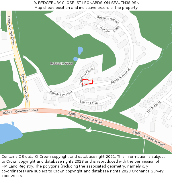 9, BEDGEBURY CLOSE, ST LEONARDS-ON-SEA, TN38 9SN: Location map and indicative extent of plot