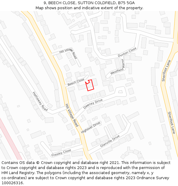 9, BEECH CLOSE, SUTTON COLDFIELD, B75 5GA: Location map and indicative extent of plot