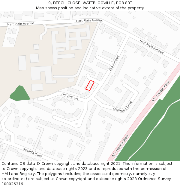 9, BEECH CLOSE, WATERLOOVILLE, PO8 8RT: Location map and indicative extent of plot