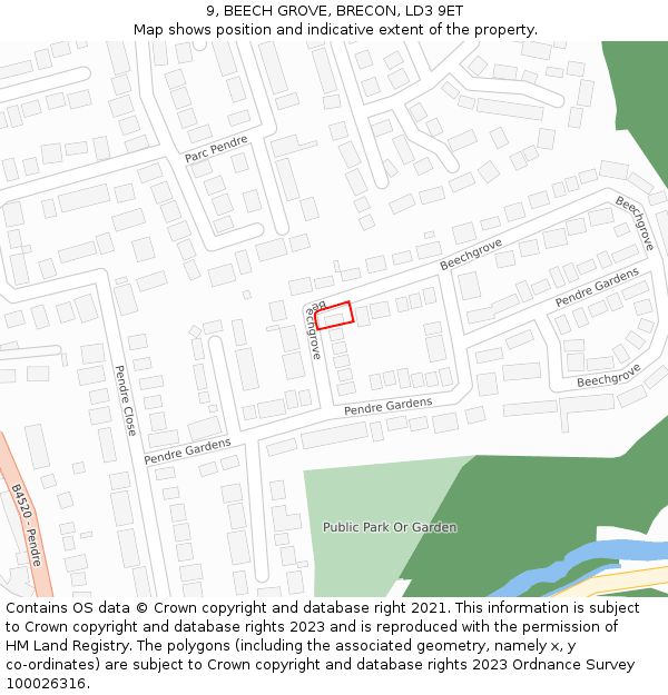 9, BEECH GROVE, BRECON, LD3 9ET: Location map and indicative extent of plot