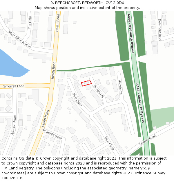 9, BEECHCROFT, BEDWORTH, CV12 0DX: Location map and indicative extent of plot