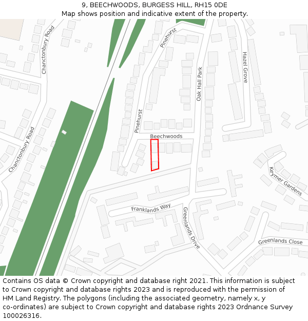 9, BEECHWOODS, BURGESS HILL, RH15 0DE: Location map and indicative extent of plot