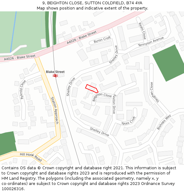 9, BEIGHTON CLOSE, SUTTON COLDFIELD, B74 4YA: Location map and indicative extent of plot