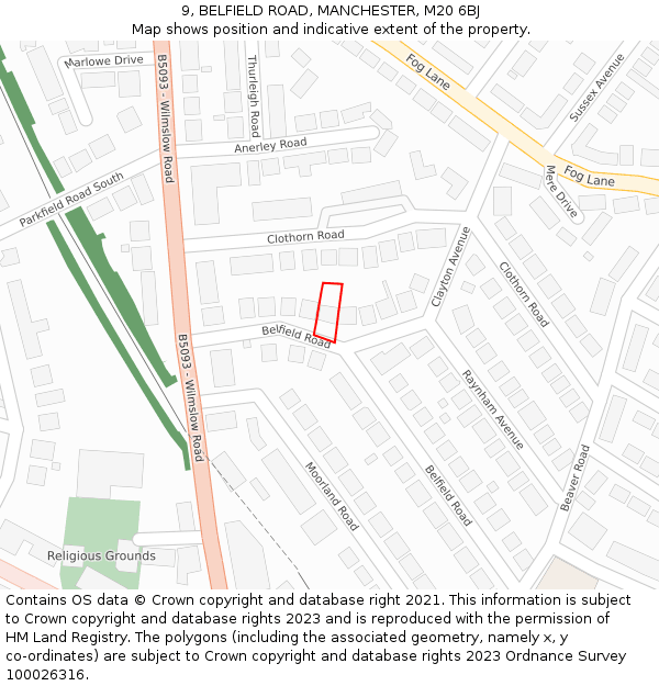 9, BELFIELD ROAD, MANCHESTER, M20 6BJ: Location map and indicative extent of plot