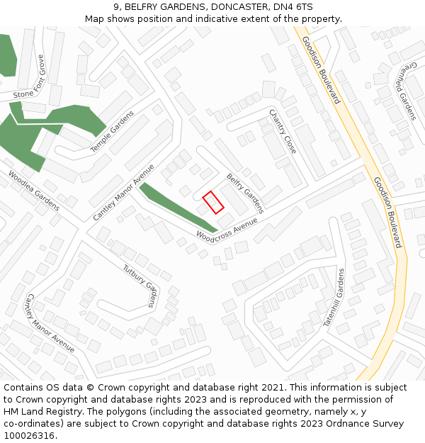 9, BELFRY GARDENS, DONCASTER, DN4 6TS: Location map and indicative extent of plot