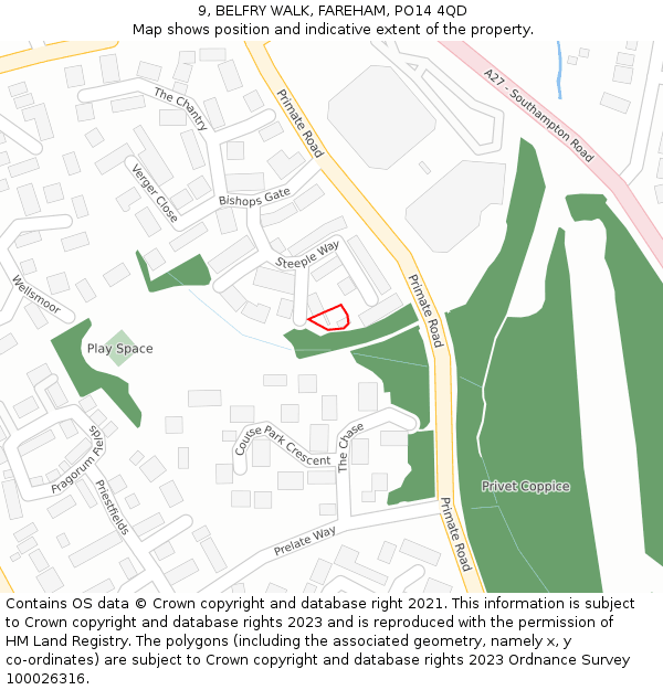 9, BELFRY WALK, FAREHAM, PO14 4QD: Location map and indicative extent of plot