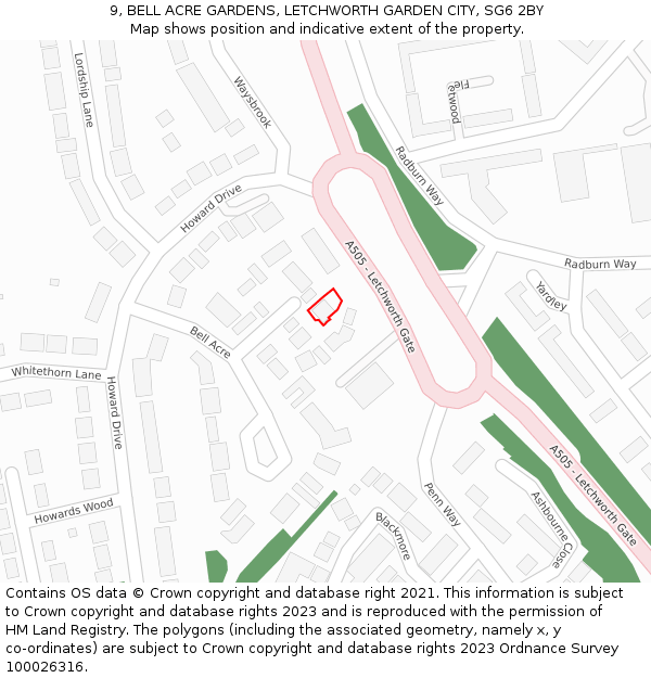 9, BELL ACRE GARDENS, LETCHWORTH GARDEN CITY, SG6 2BY: Location map and indicative extent of plot