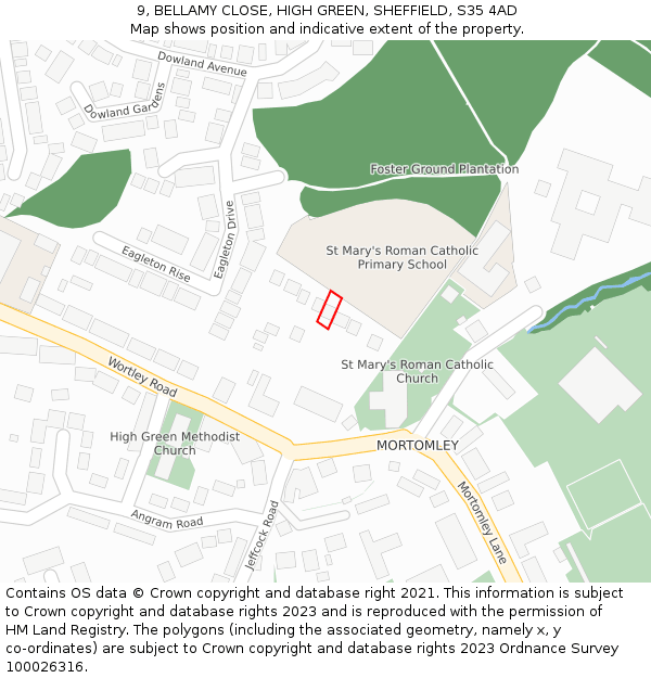 9, BELLAMY CLOSE, HIGH GREEN, SHEFFIELD, S35 4AD: Location map and indicative extent of plot