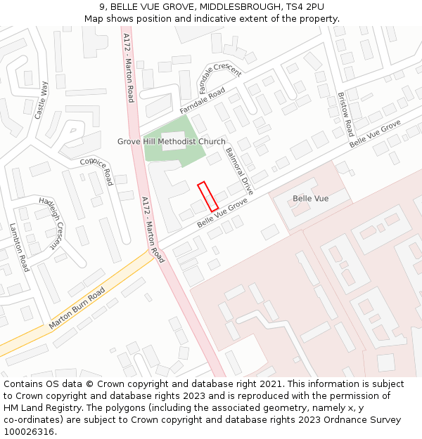 9, BELLE VUE GROVE, MIDDLESBROUGH, TS4 2PU: Location map and indicative extent of plot