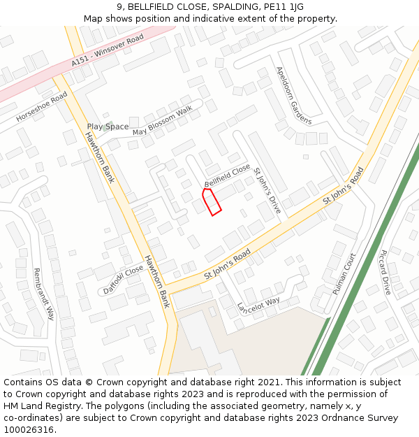9, BELLFIELD CLOSE, SPALDING, PE11 1JG: Location map and indicative extent of plot