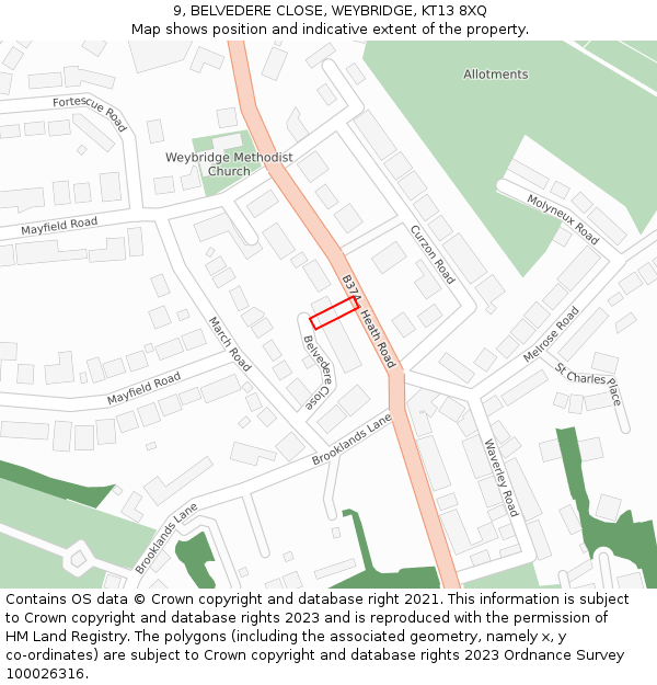 9, BELVEDERE CLOSE, WEYBRIDGE, KT13 8XQ: Location map and indicative extent of plot