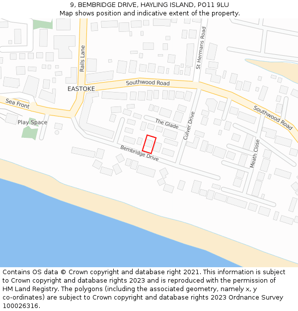 9, BEMBRIDGE DRIVE, HAYLING ISLAND, PO11 9LU: Location map and indicative extent of plot