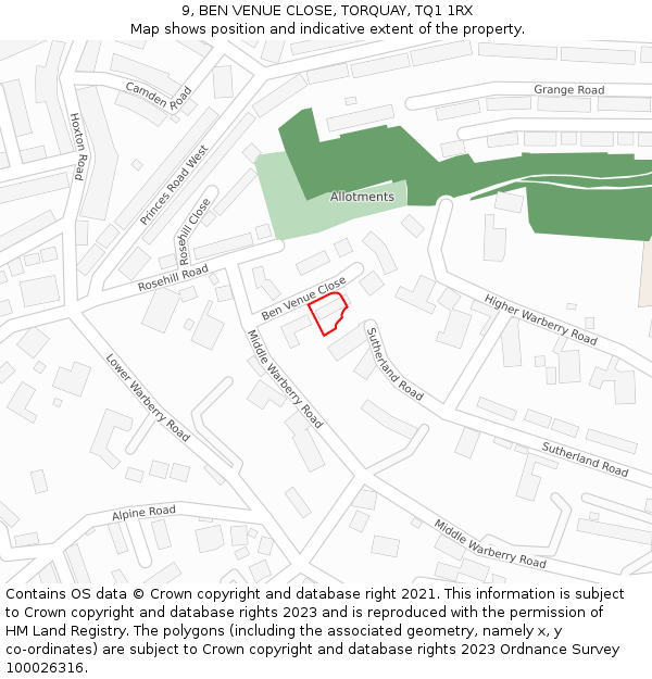 9, BEN VENUE CLOSE, TORQUAY, TQ1 1RX: Location map and indicative extent of plot