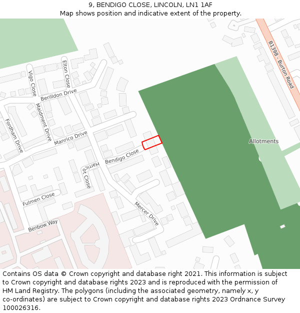 9, BENDIGO CLOSE, LINCOLN, LN1 1AF: Location map and indicative extent of plot