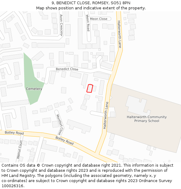 9, BENEDICT CLOSE, ROMSEY, SO51 8PN: Location map and indicative extent of plot