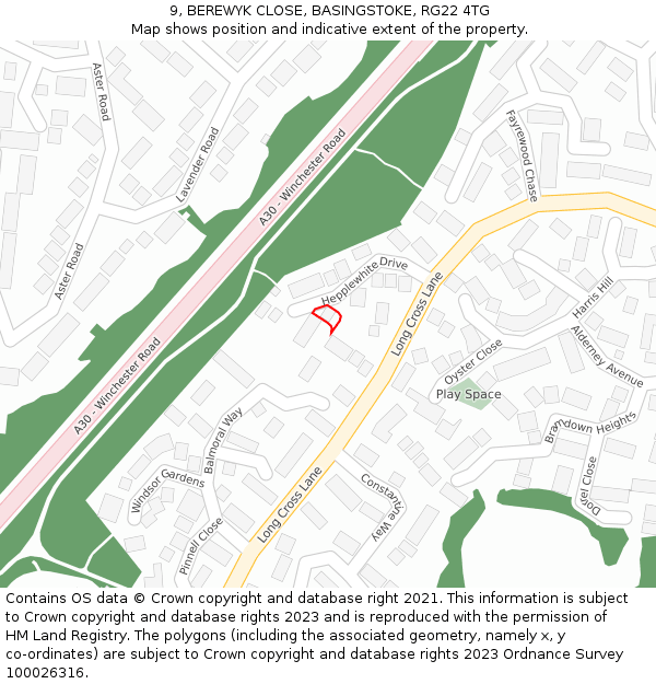 9, BEREWYK CLOSE, BASINGSTOKE, RG22 4TG: Location map and indicative extent of plot