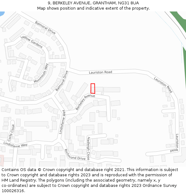 9, BERKELEY AVENUE, GRANTHAM, NG31 8UA: Location map and indicative extent of plot