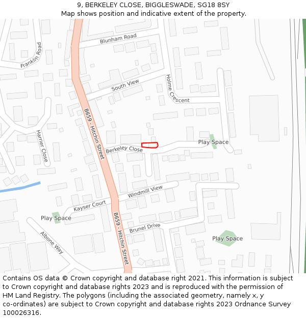 9, BERKELEY CLOSE, BIGGLESWADE, SG18 8SY: Location map and indicative extent of plot