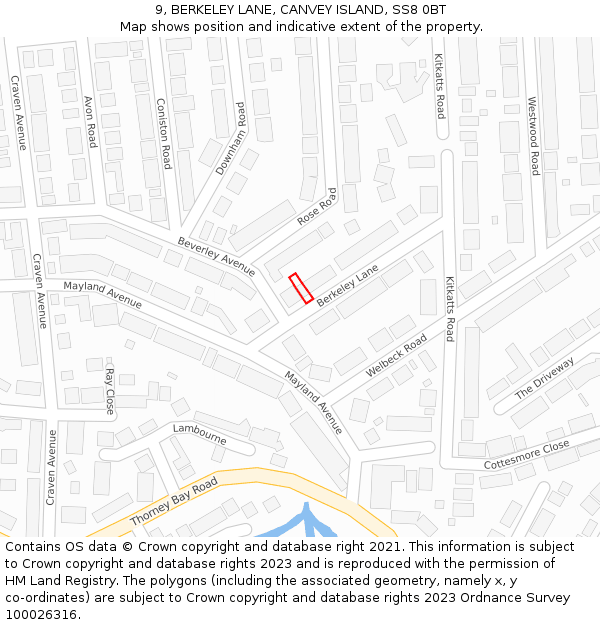 9, BERKELEY LANE, CANVEY ISLAND, SS8 0BT: Location map and indicative extent of plot