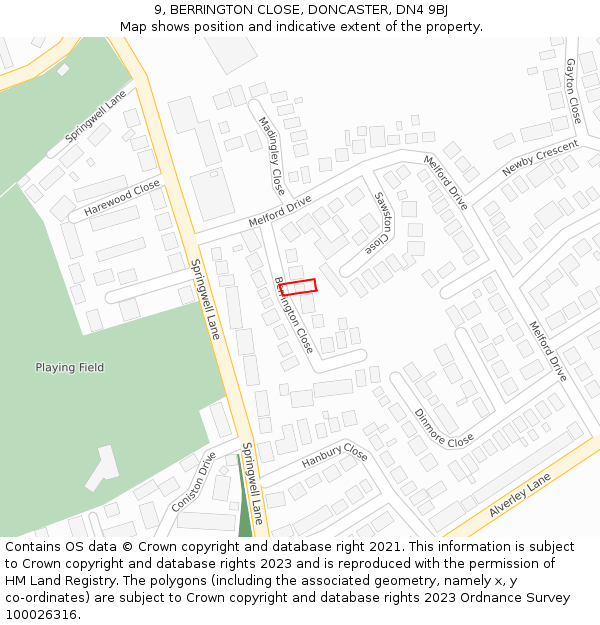 9, BERRINGTON CLOSE, DONCASTER, DN4 9BJ: Location map and indicative extent of plot