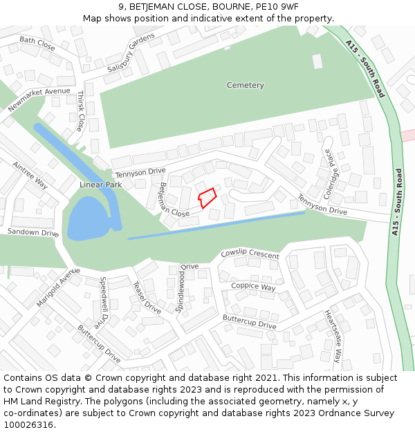 9, BETJEMAN CLOSE, BOURNE, PE10 9WF: Location map and indicative extent of plot