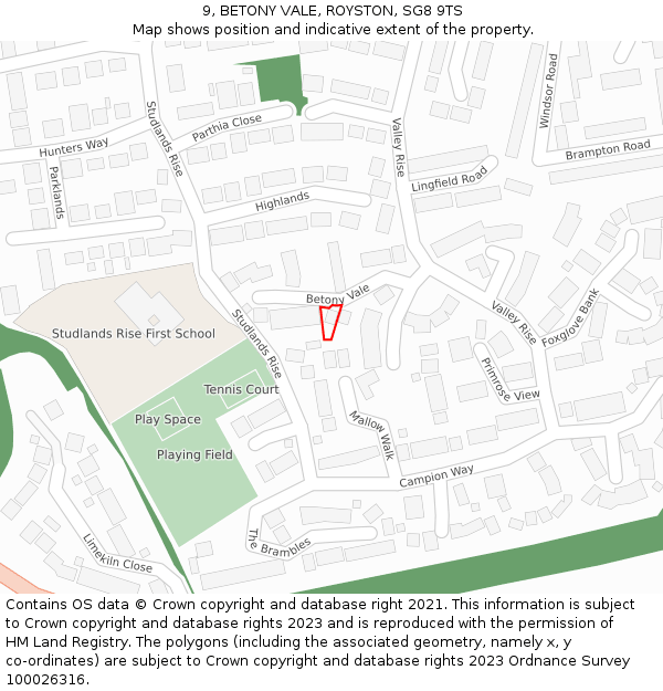 9, BETONY VALE, ROYSTON, SG8 9TS: Location map and indicative extent of plot