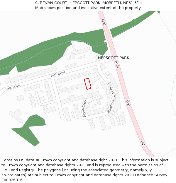 9, BEVAN COURT, HEPSCOTT PARK, MORPETH, NE61 6FH: Location map and indicative extent of plot